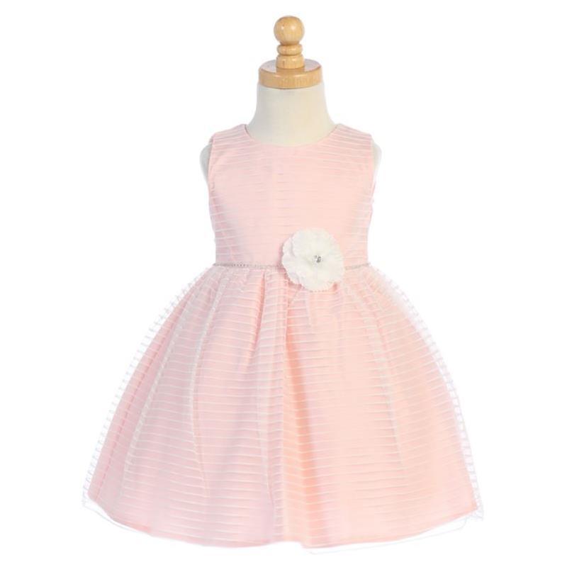 Lito - Baby Girl Striped Tulle Dress With Rhinestone Trim & Flower At Waist, Light Pink Image 1