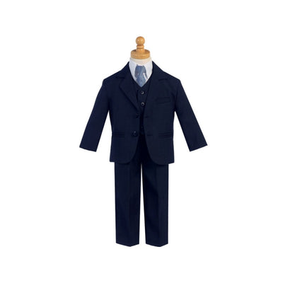 Light gray 5-piece suit for boys, featuring a jacket, vest, dress shirt, tie, and pants, styled for formal occasions.
