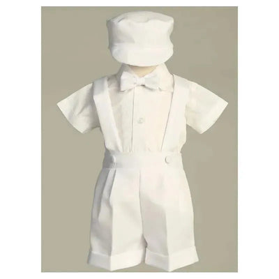 White short set with suspenders, bow tie, and cap for special occasions, designed for children.