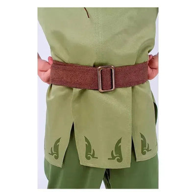 Child-sized Peter Pan costume featuring a green tunic with decorative leaf patterns and a brown belt.