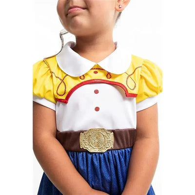 Cowgirl Jesse dress-up costume featuring a yellow blouse with puffy sleeves and a blue skirt, complete with a decorative belt.