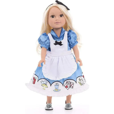 Doll dressed as Alice in a blue and white dress with a hair bow, featuring illustrations of teacups and playing cards.