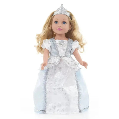 Cinderella-themed doll dressed in a sparkling blue and white gown with a silver crown.