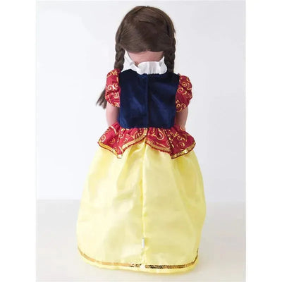 Doll dress inspired by Snow White, featuring a red bodice with golden details and a yellow skirt, suitable for play.