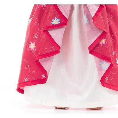 Doll dress designed as a Spanish princess, featuring a red floral cape and a white underdress.