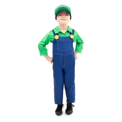 Green Handyman Hero costume set features a child in a green shirt, blue overalls, and a matching cap with a character logo.