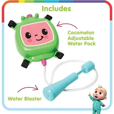 Cocomelon licensed water backpack with a smiley character design, includes an adjustable water pack and a blue water blaster.