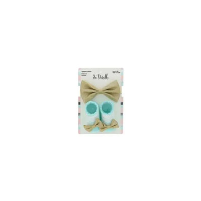 Aqua and gold 2-piece headwrap and bootie set featuring a large bow and matching booties.