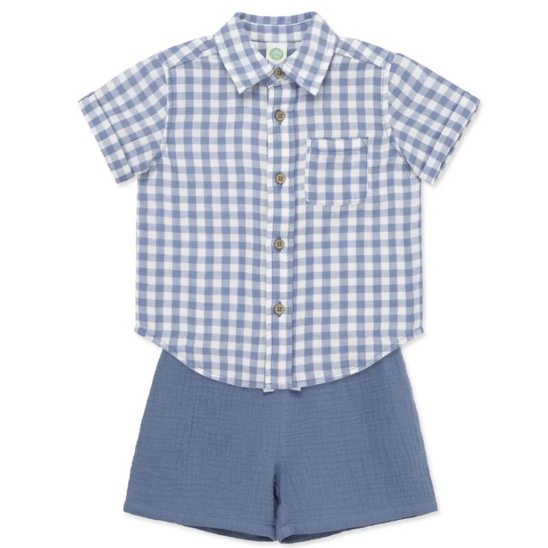 Little Me - Baby Boy Check Woven Short Set, Blue Image 4
