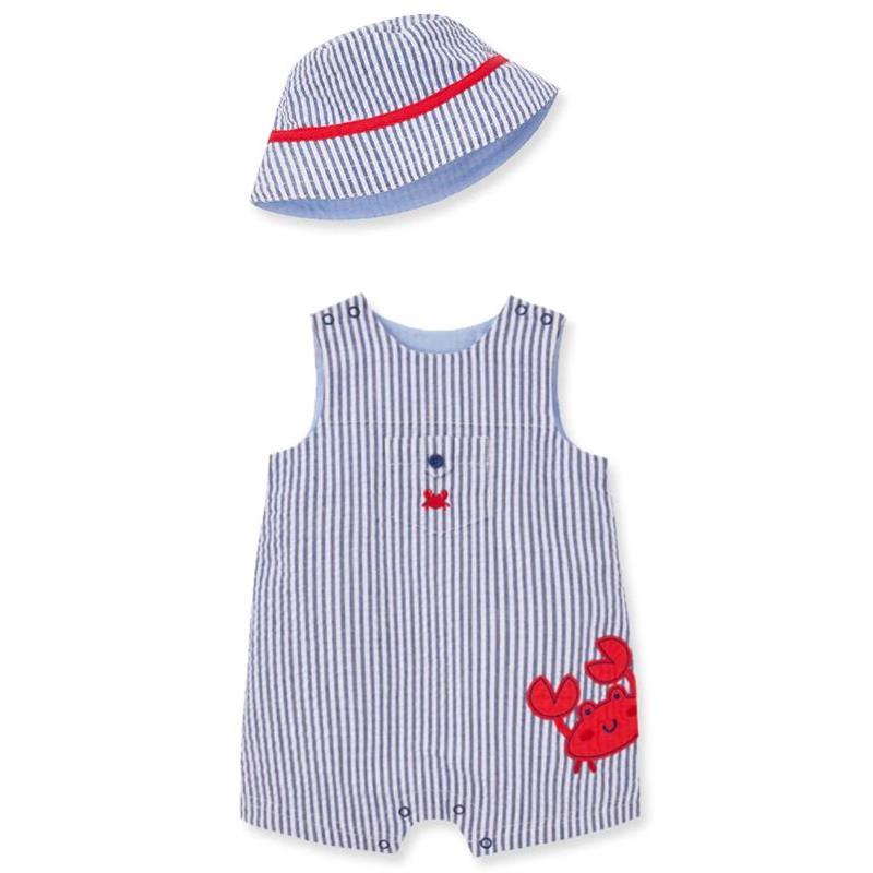 Little Me - Baby Boy Crab Sunsuit & Hat, Blue Image 1