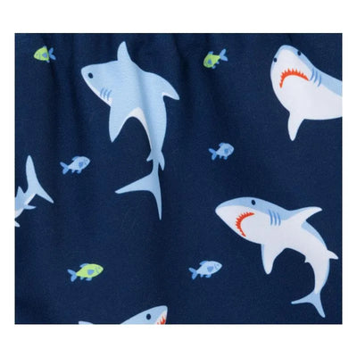 Blue swim trunks for baby boys featuring a playful shark pattern with various shark sizes and small fish.