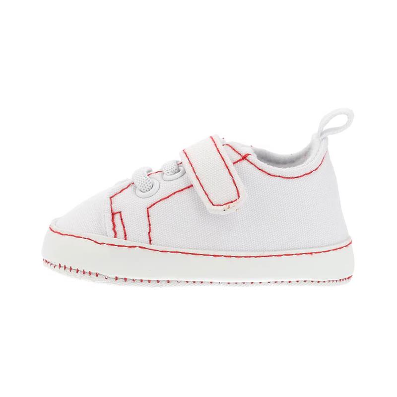Little Me Baby Boy Sneaker in white canvas with red stitching and Velcro strap.
