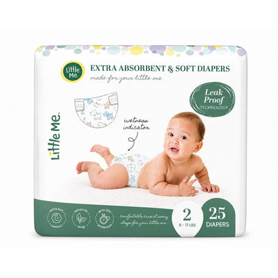 Little Me Baby Diapers in size 2, featuring soft, absorbent material and a wetness indicator, designed for babies 8-17 lbs.