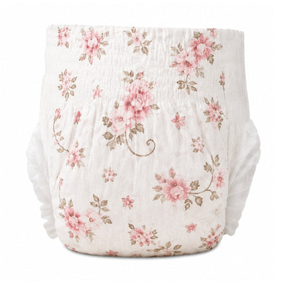 Little Me Baby Diapers in size 1, featuring a vintage floral design with pink and beige flowers.