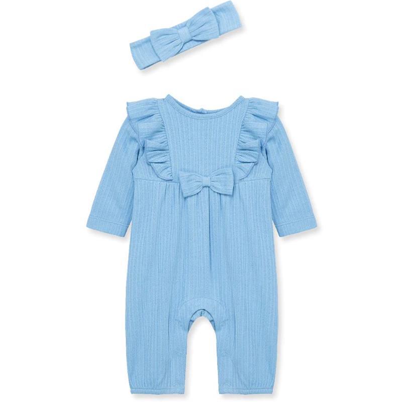 Little Me - Baby Girl Blue Pointelle Knit Jumpsuit & Headband Image 1