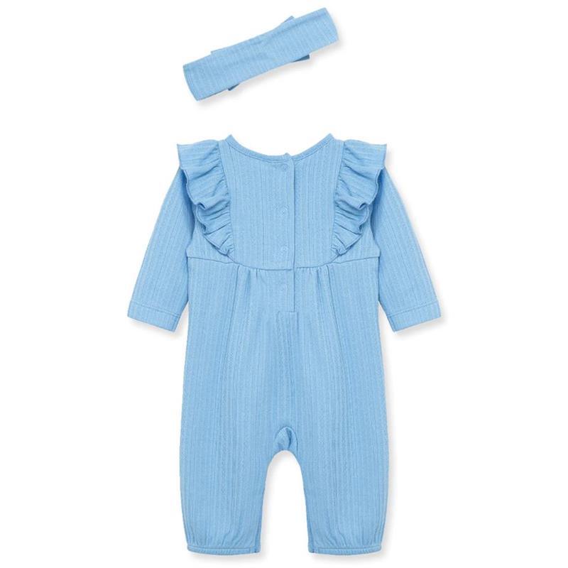 Little Me - Baby Girl Blue Pointelle Knit Jumpsuit & Headband Image 2