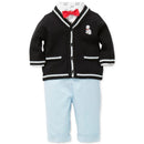 Little Me Signature Luxury Collection Baby Boys Puppy Cardigan Set 3-piece, Sweater, Pant & BowTie, Navy/Ligh Blue.