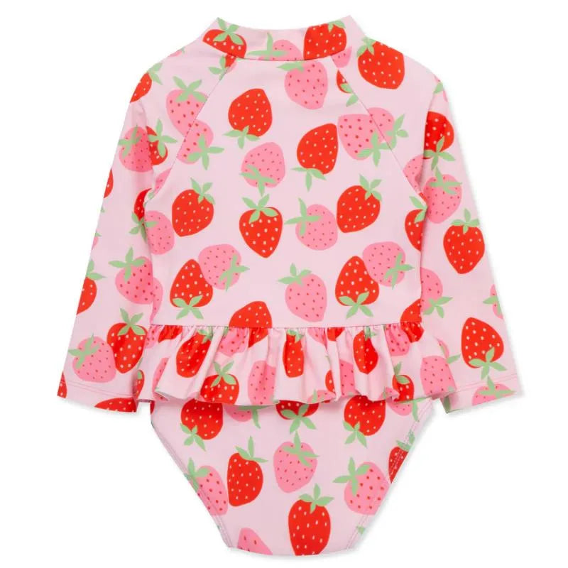 Little Me - Strawberry 1-Piece Rashguard Swimsuit, Rose Image 2