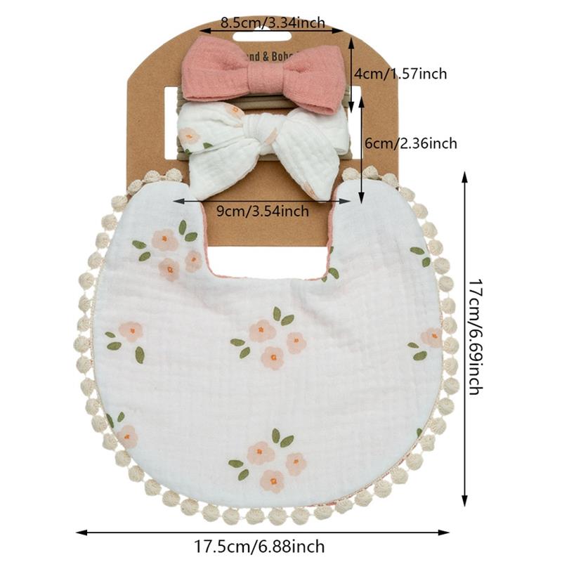 Little Trendy - Baby Floral Cotton Waterproofer Bib And Bows Headband Set, Color 1 Image 2