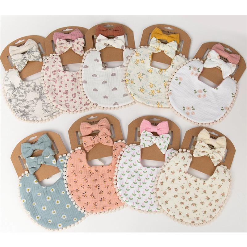Little Trendy - Baby Floral Cotton Waterproofer Bib And Bows Headband Set, Color 2 Image 3