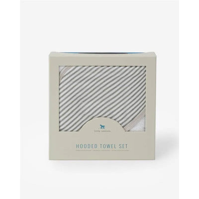 Hooded towel set by Little Unicorn in grey stripes, featuring the product packaging with a clear view of the materials inside.