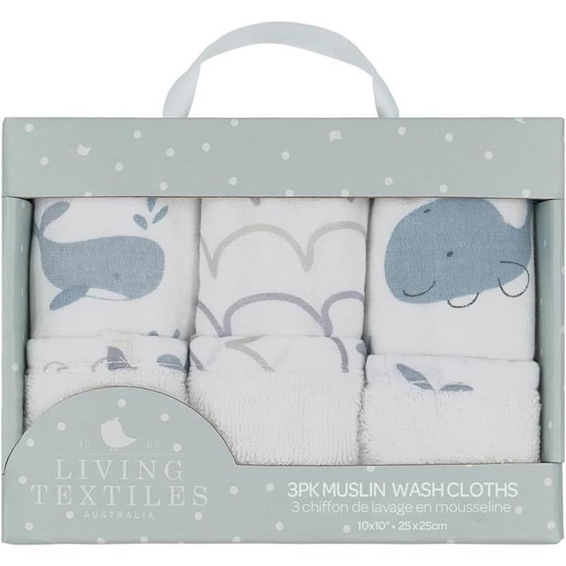 Living Textiles - 3Pk Whale Of A Time Muslin Wash Cloths  Image 3