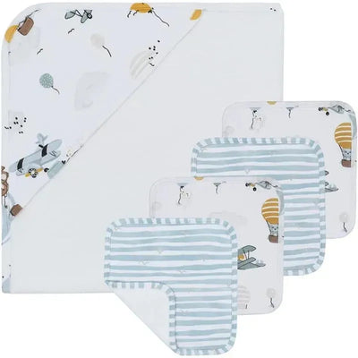 Hooded baby towel and four washcloths feature a blue and white color scheme with playful balloon and airplane designs.