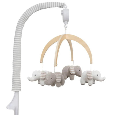 Musical mobile featuring plush elephants in gray and white, designed for soothing infants.