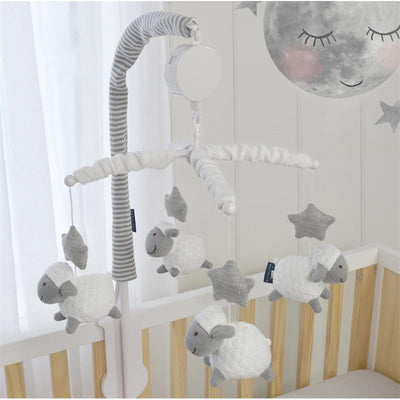 Musical mobile featuring plush sheep and stars, designed for cribs, with soft colors and a soothing aesthetic.