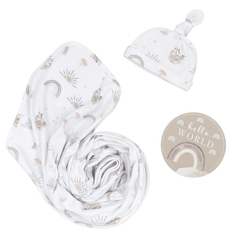 Living Textiles - Baby Gift Set, Hello World, Premium Cotton Jersey Swaddle and Beanie, Rainbow Sloth Image 3