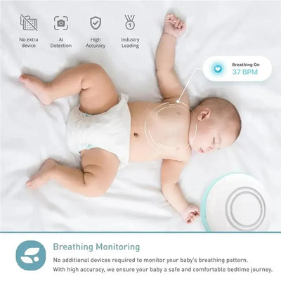 Baby lying on a white surface with a diaper, displaying a breathing monitoring feature and showing 37 BPM.