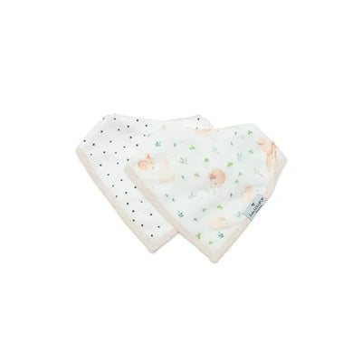 Bib set featuring two muslin bibs: one with a bunny pattern and the other with black polka dots.