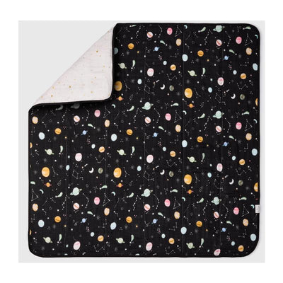 Muslin quilt featuring a colorful space-themed design with planets, stars, and constellations on a black background.