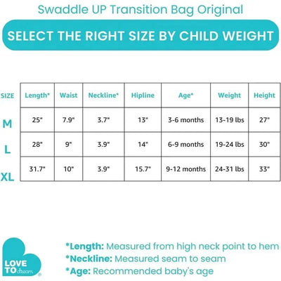 Sizing chart for Love To Dream Swaddle Up Transition Bag, with dimensions and recommended ages for each size.