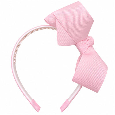 MacroBaby light pink baby headband featuring a large grosgrain ribbon bow