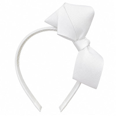 Headband Arc in white with a large ribbon bow, designed for children, showcasing a smooth, textured finish.