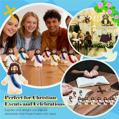 Assorted Macrobaby Little Jesus figurines displayed on a table, alongside children smiling. Ideal for Christian events.