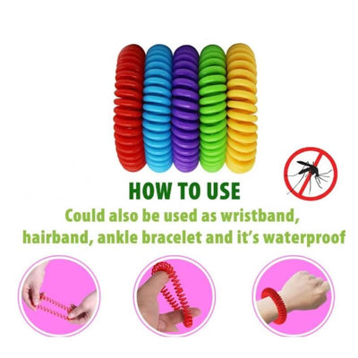 Mosquito repellent bracelets in various colors, showing usage instructions and indicating waterproof capabilities.
