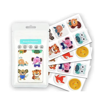 Macrobaby mosquito repeller patches featuring colorful animal designs in a resealable pouch.