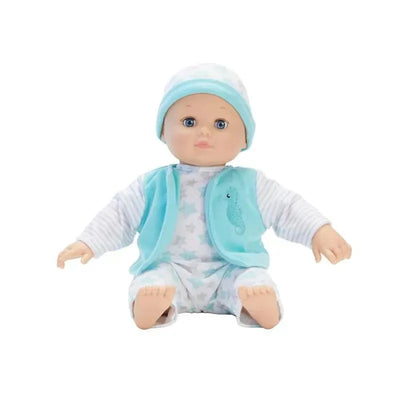 Babble Baby Starfish is a soft-bodied doll wearing a blue vest and hat, with striped pajamas and a seahorse detail.