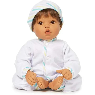 Baby Face doll with medium skin tone, brown eyes, black hair, dressed in a white outfit with pastel accents and a matching hat.
