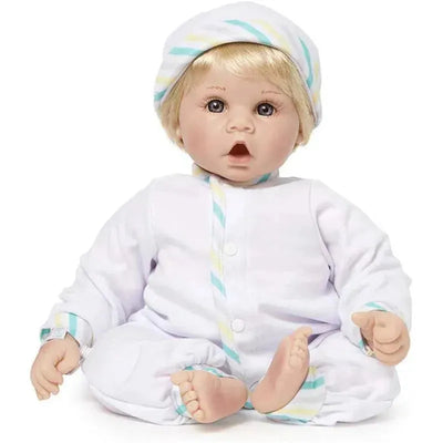 Madame Alexander Little Sweetheart doll with light skin tone, blue eyes, and blonde hair, dressed in a white outfit with a striped hat.