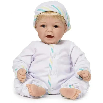 Madame Alexander 19-inch baby doll with light skin tone, blue eyes, and blonde hair, dressed in a white outfit with pastel details.
