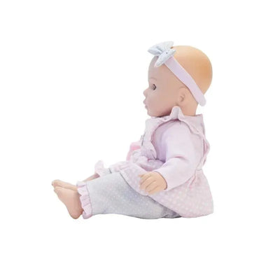 Cuddly doll dressed in pink clothes with a headband, designed for children to cuddle and play with.
