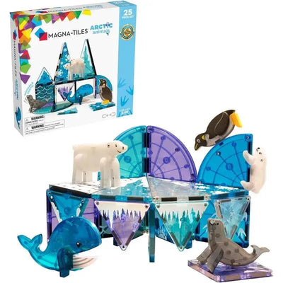 25-piece Magna-Tiles Arctic Animals set featuring a polar bear, whales, and seals among colorful, transparent building tiles.
