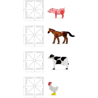 25-piece magnetic construction set featuring colorful farm animal figures: pig, horse, cow, and chicken.
