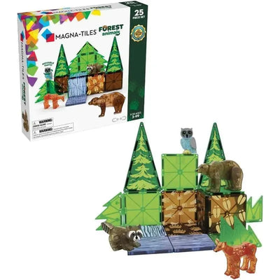 Magnatiles Forest Animals 25-piece magnetic construction set featuring animal figures and forest-themed tiles in vibrant colors.