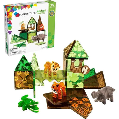 Magnatiles - Jungle Animals 25-piece set with colorful magnetic tiles and plastic jungle animal figures.