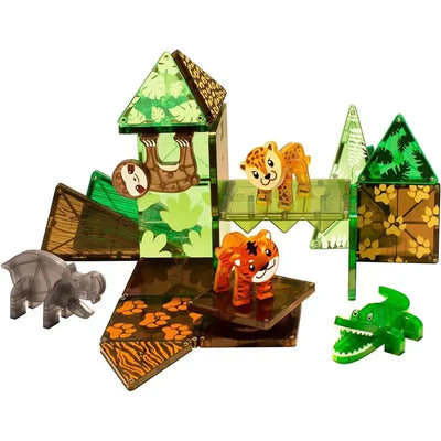 25-piece Magnatiles Jungle Animals set featuring colorful magnetic shapes and animal figures like a sloth, tiger, crocodile, and elephant.