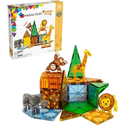 Magnatiles Safari Animals 25-Piece Magnetic Construction Set featuring colorful animal pieces including a lion, giraffe, monkey, and elephant.